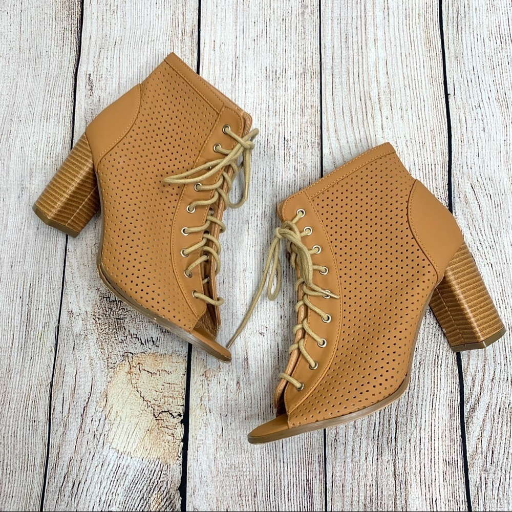 Ect! Tan Laser Cut Open Toe Ankle Boots
